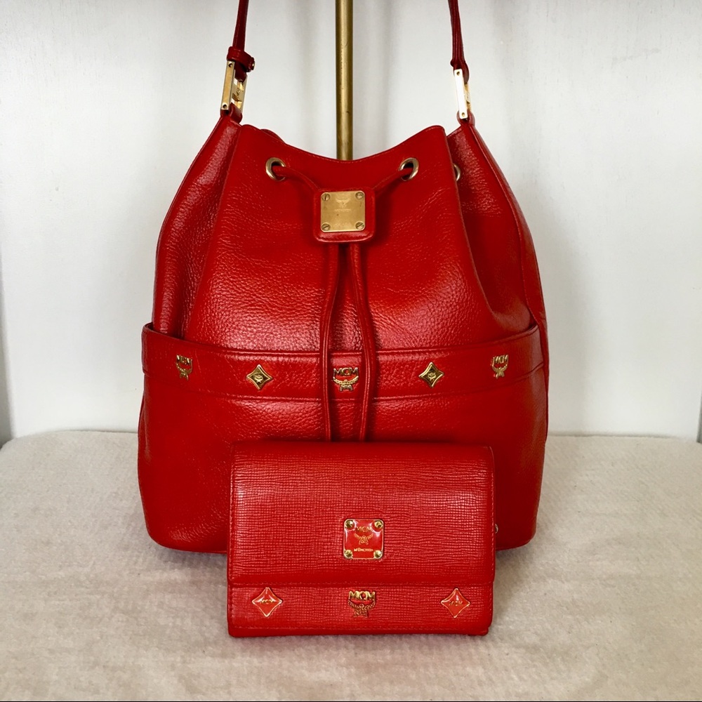 MCM Red Bucket Crossbody Bag with Wallet